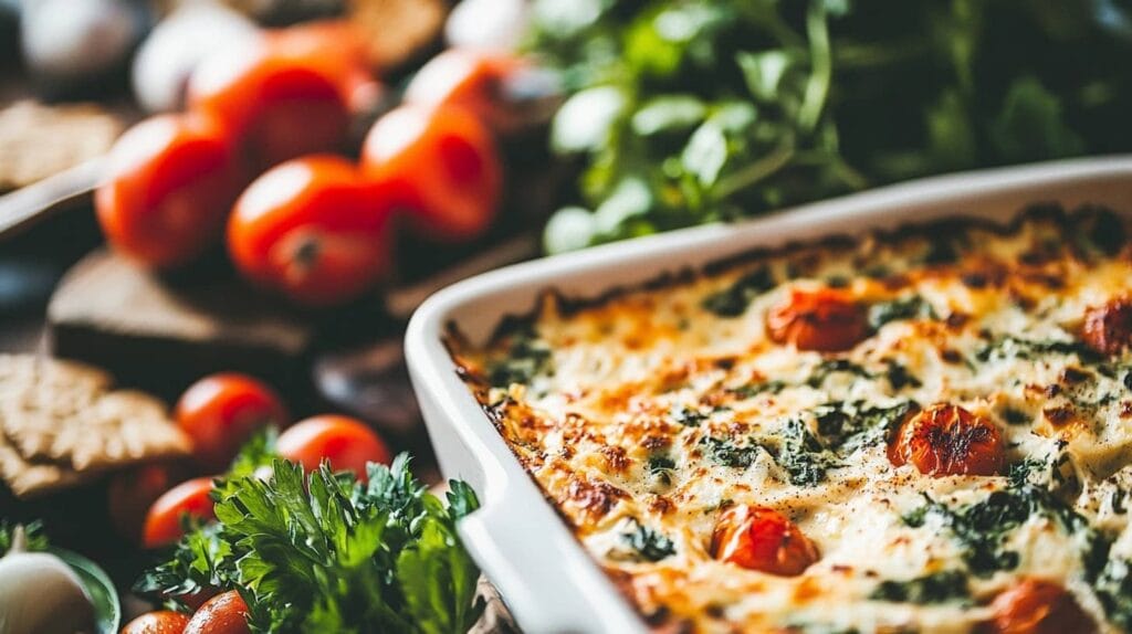 Dairy-free spinach artichoke dip with crackers and veggies.