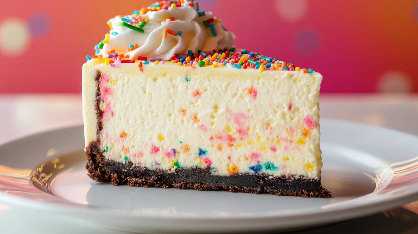 A slice of Cheesecake Factory Celebration Cheesecake with vibrant layers and whipped cream.