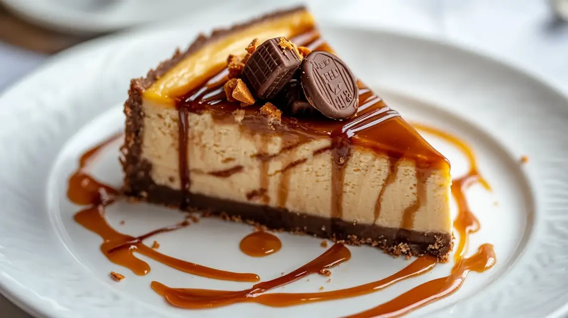 Slice of caramel cheesecake with caramel drizzle on a white plate.