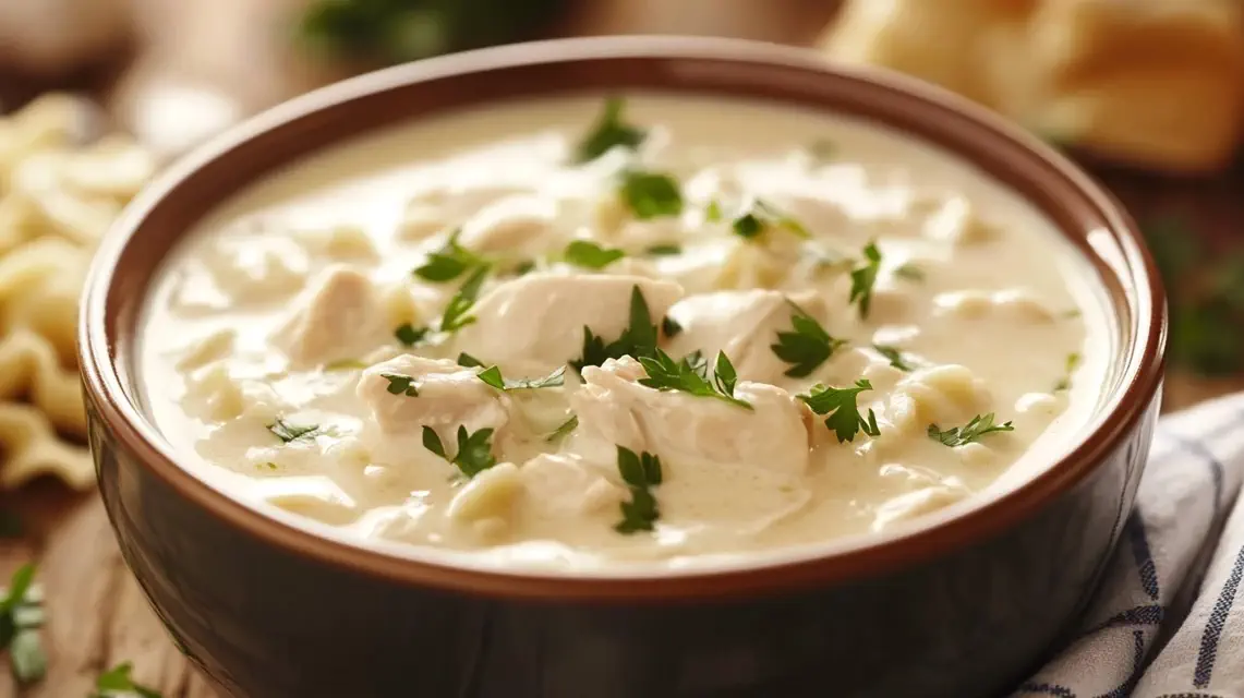 Creamy Instant Pot Chicken and Noodles garnished with parsley.