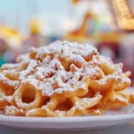 Golden crispy funnel cake topped with powdered sugar.