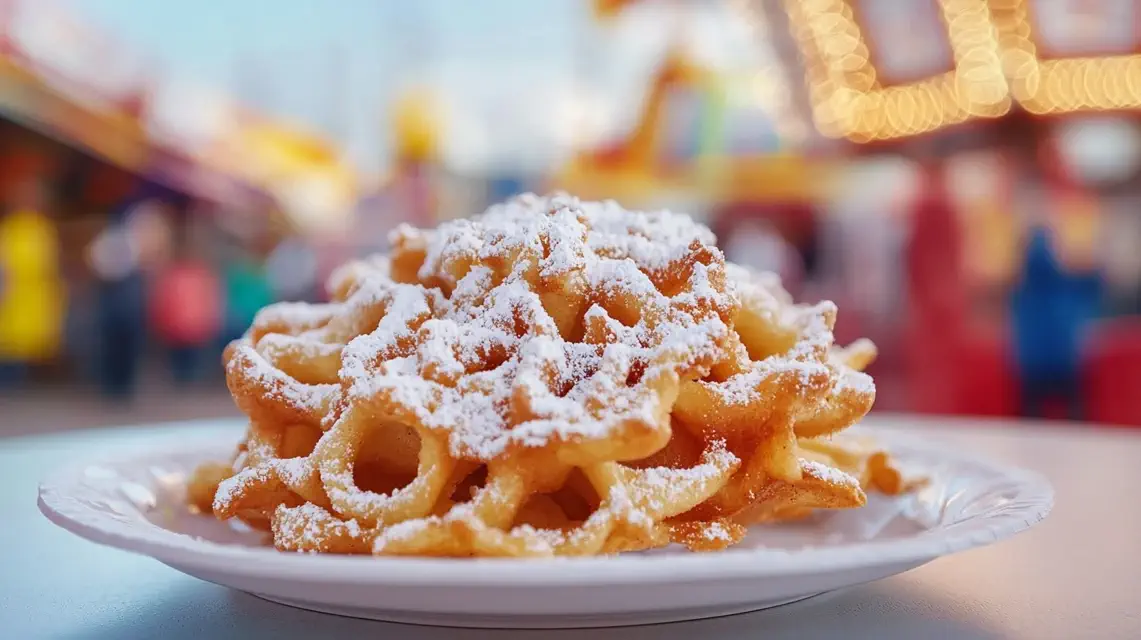 Golden crispy funnel cake topped with powdered sugar.