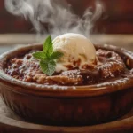 Freshly baked chocolate cobbler topped with melting vanilla ice cream.