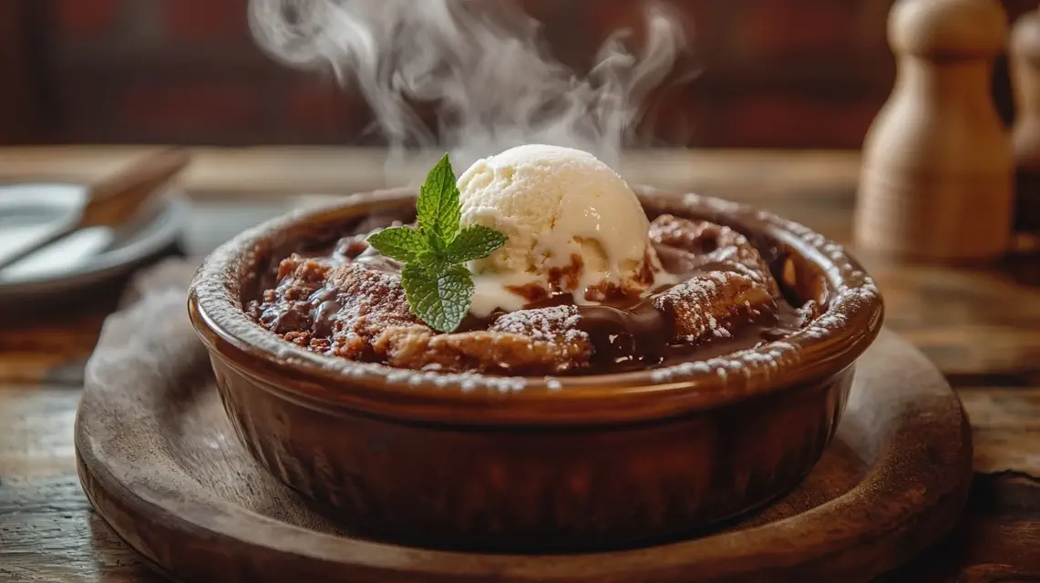 Freshly baked chocolate cobbler topped with melting vanilla ice cream.