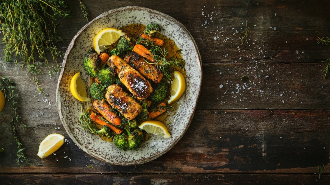 Plated roasted broccoli and carrots with crispy edges and lemon wedges.