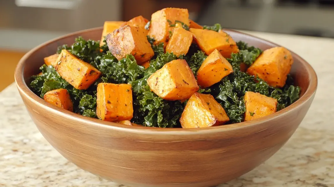 Sweet Potato Kale Salad with Maple Mustard Dressing in a Bowl