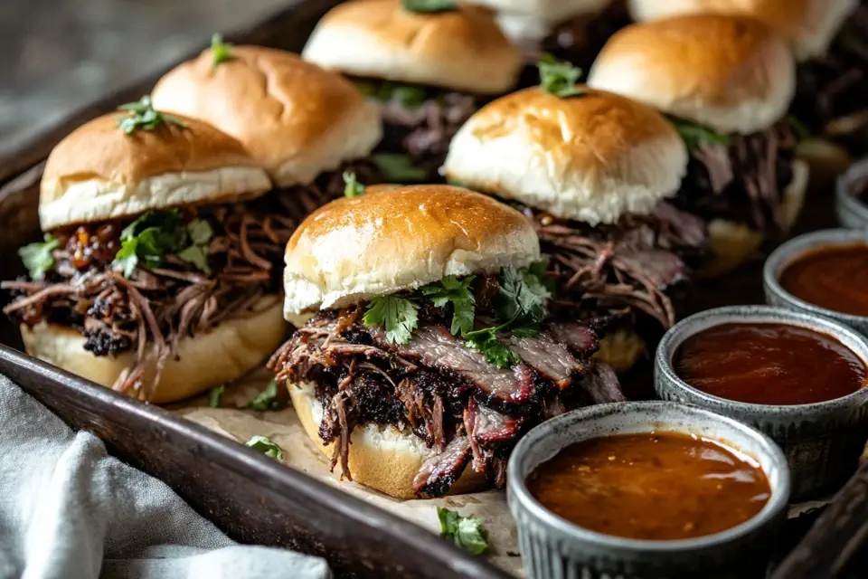 Juicy brisket sandwich with pickles and slaw on a rustic table