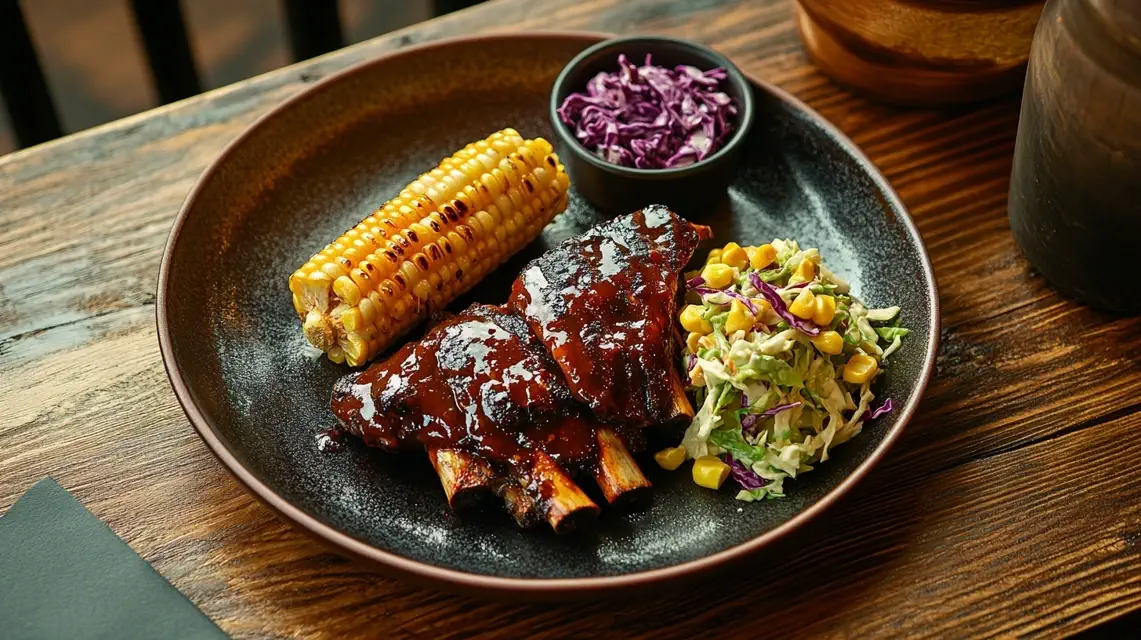 Juicy BBQ ribs with caramelized glaze served with coleslaw and corn.