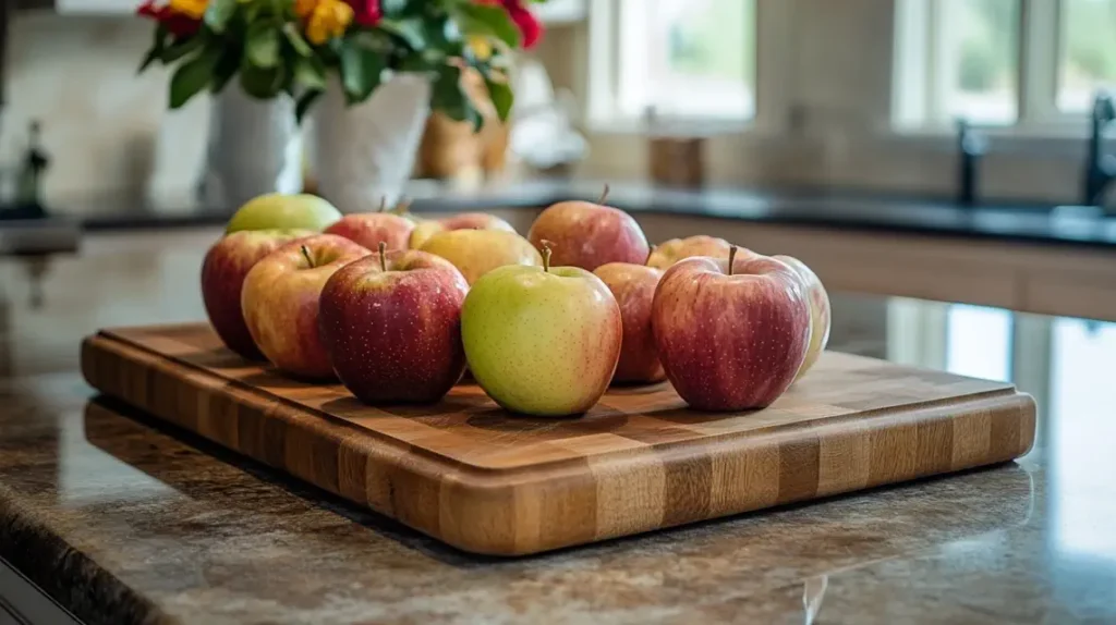 Assorted apples on a wooden cutting board, perfect for apple crumble.