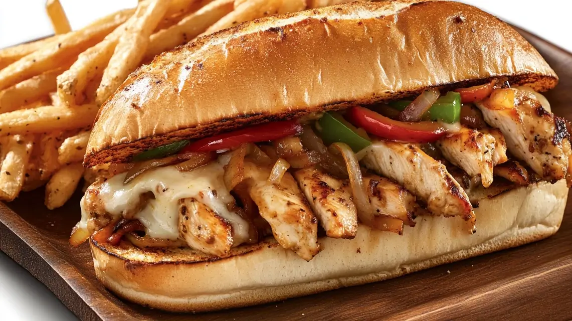 Juicy Chicken Philly sandwich with melted cheese and fries.