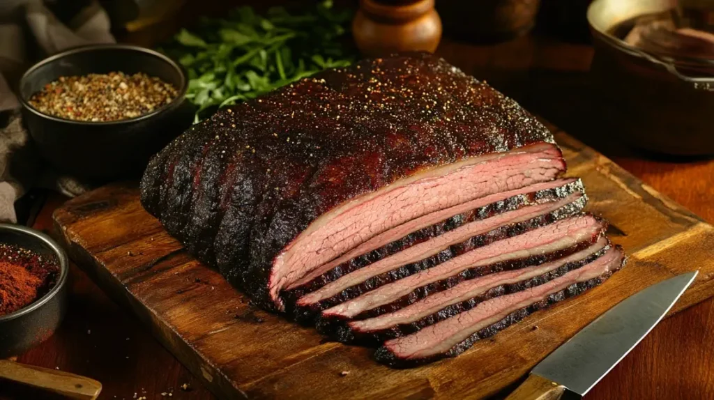 Raw brisket cuts, flat and point, on a butcher’s block with seasonings.
