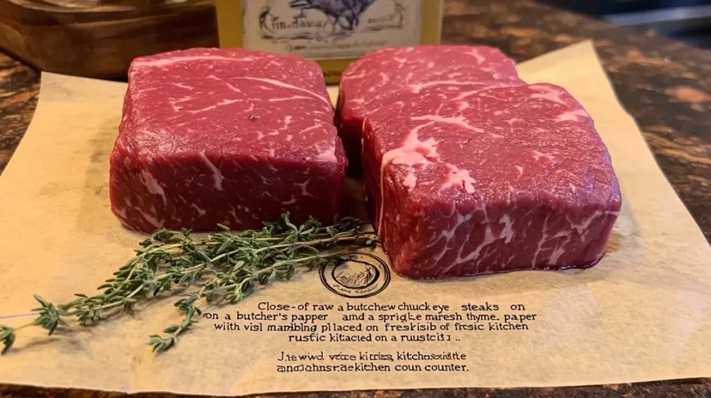 Raw chuck eye steaks with marbling on butcher’s paper.