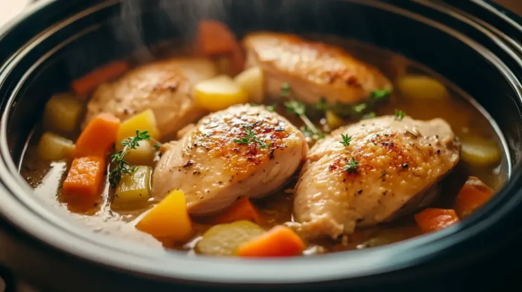 Slow-cooked split chicken breast with vegetables.