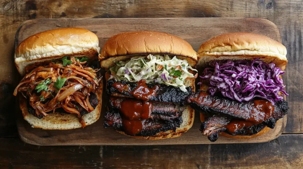 Three brisket sandwiches with different toppings, served on a wooden board