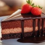 Slice of Cheesecake Factory chocolate cheesecake on a plate with strawberry.