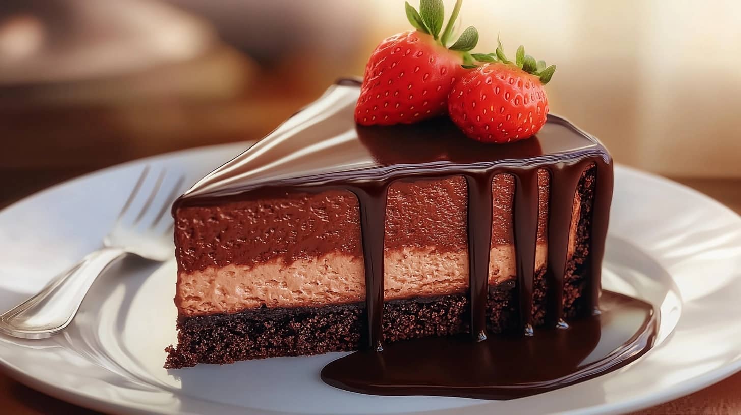 Slice of Cheesecake Factory chocolate cheesecake on a plate with strawberry.