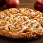 Cinnamon Roll Apple Pie On A Rustic Table With Apples And Cinnamon.