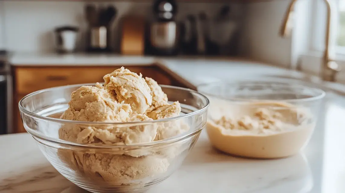 Side-by-side comparison of cookie dough and cake batter on a kitchen counter.