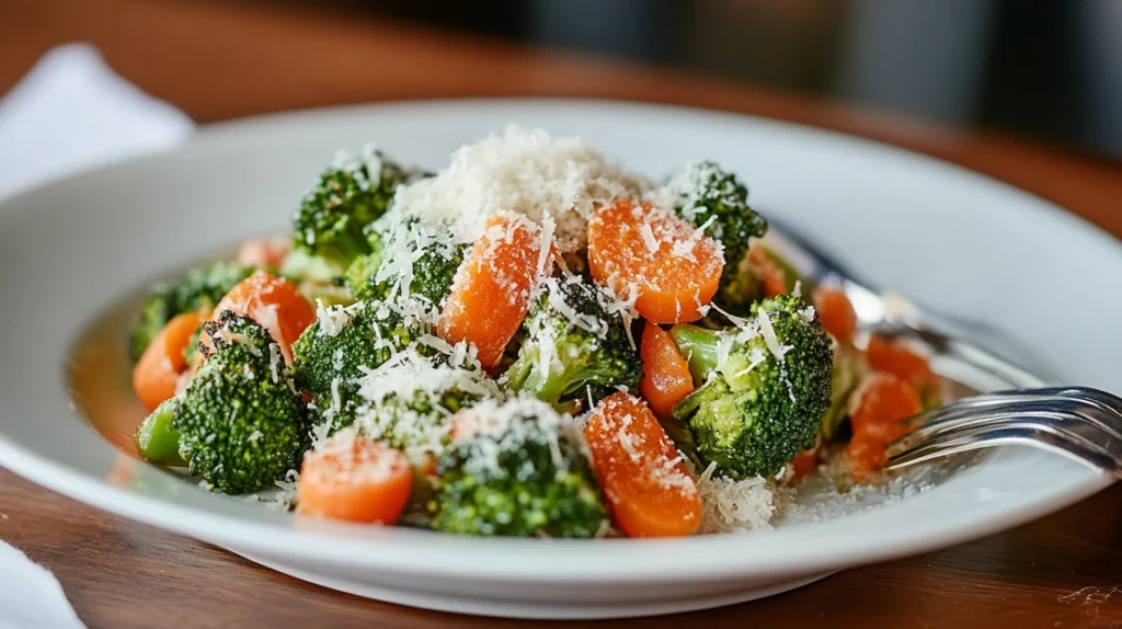 Roasted broccoli and carrots topped with Parmesan cheese on a white plate.