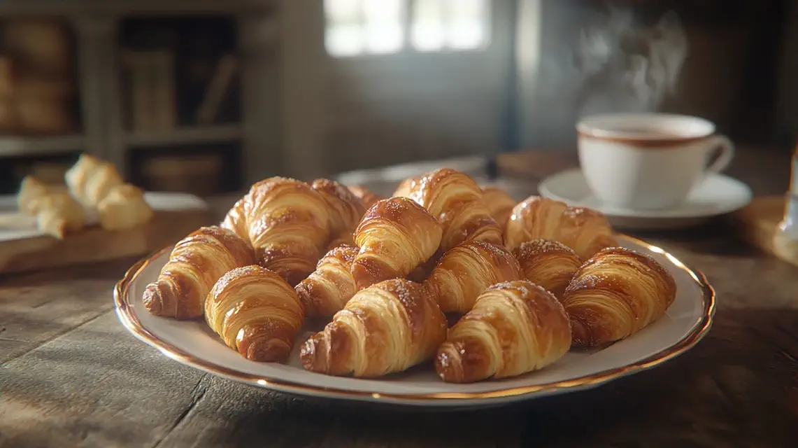 A platter of small croissants on a rustic wooden table.