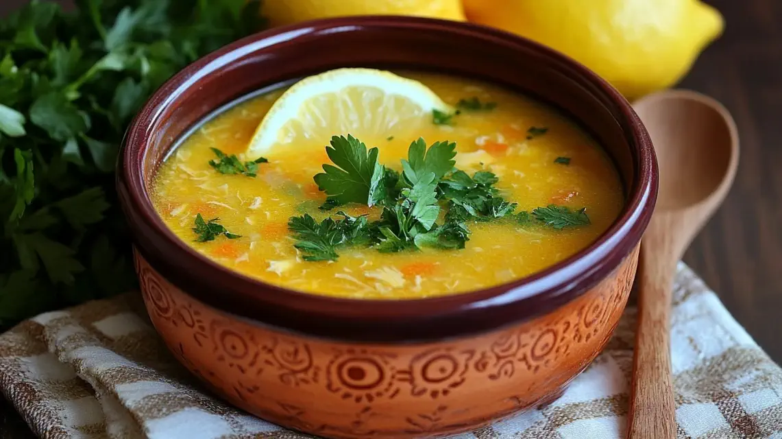 Chicken soup garnished with fresh lemon slices and parsley.