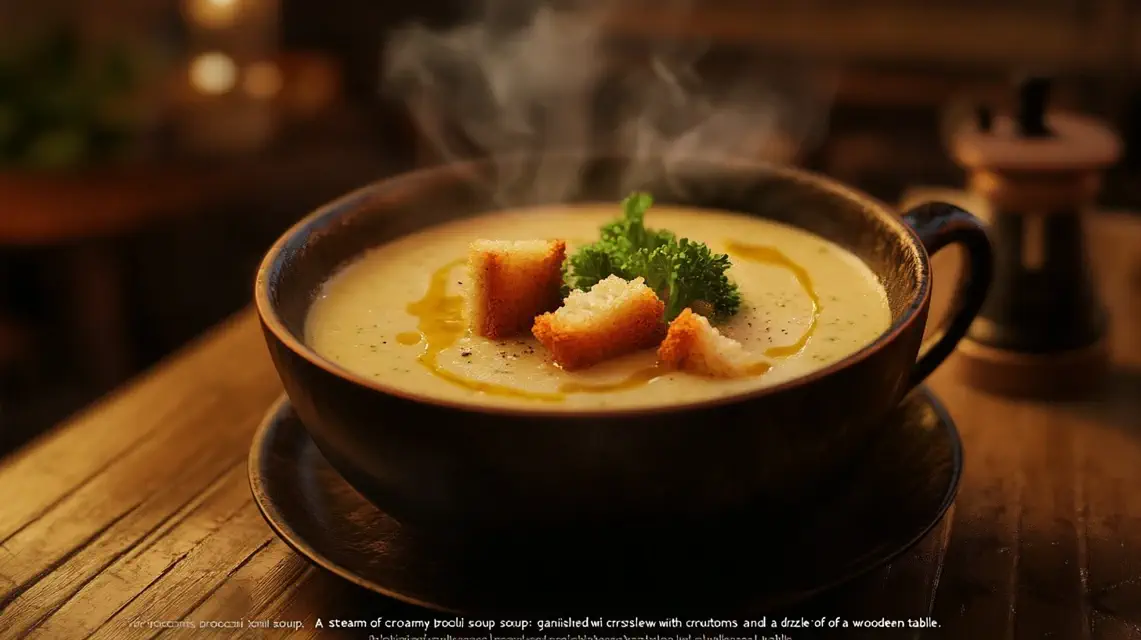 Creamy broccoli soup garnished with croutons and parsley on a wooden table.
