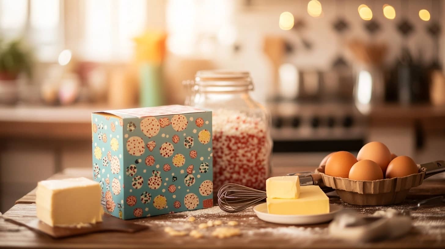 Cake mix and cookie mix on a baking counter with ingredients