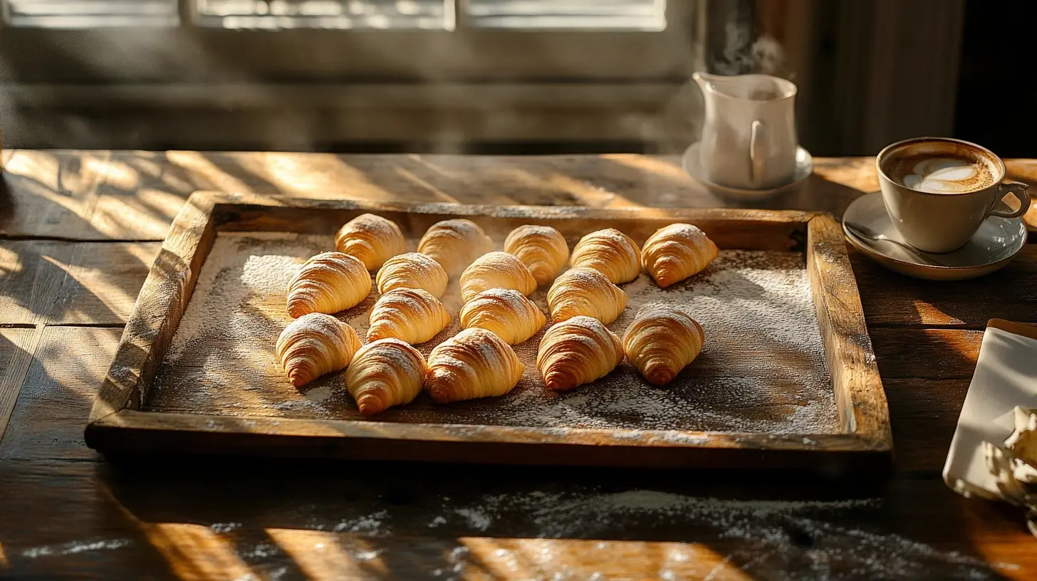 Freshly Baked Mini Croissants On A Rustic Tray