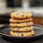 Stacked cake mix cookies with chocolate chips and sprinkles