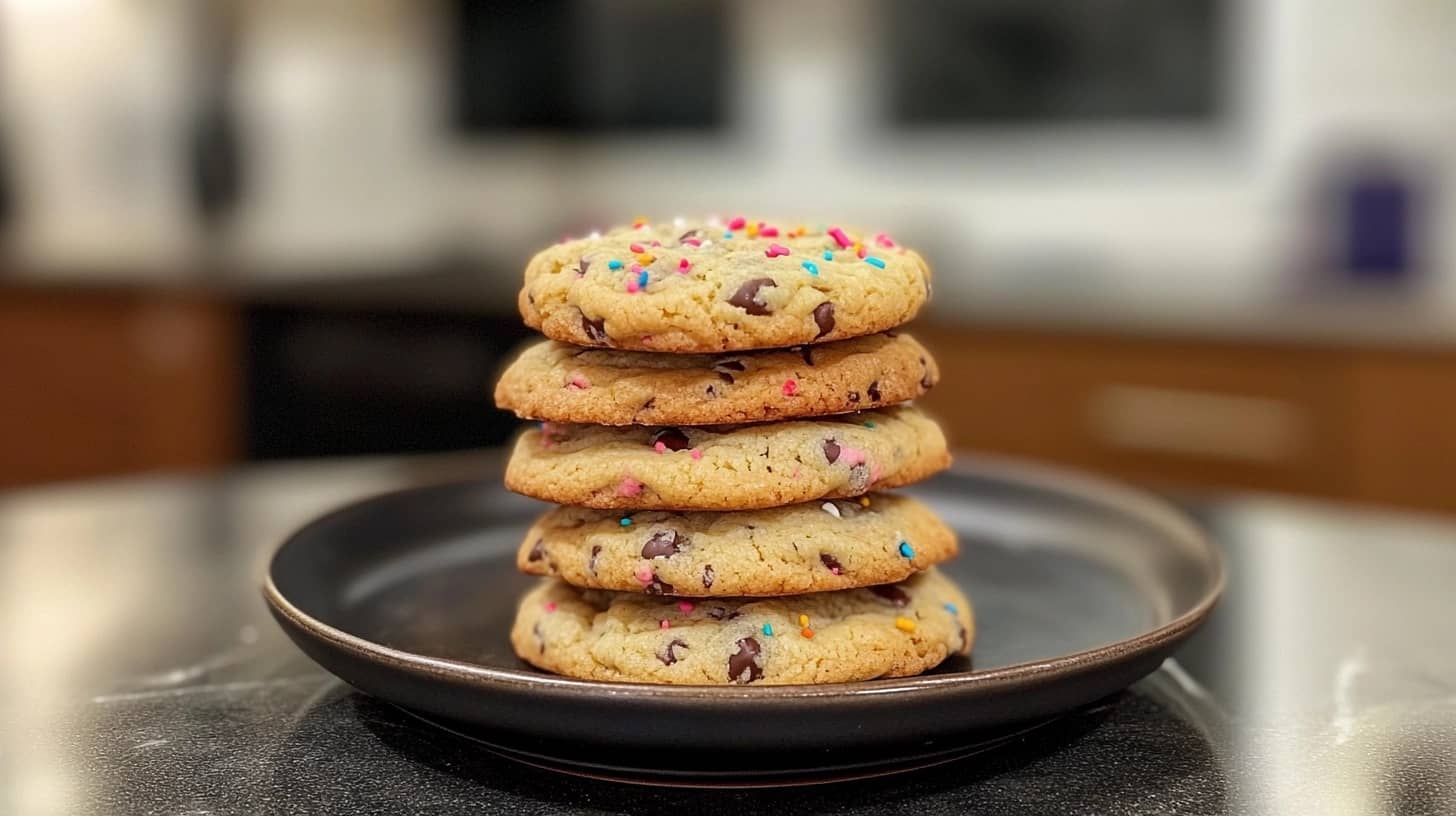 Stacked cake mix cookies with chocolate chips and sprinkles