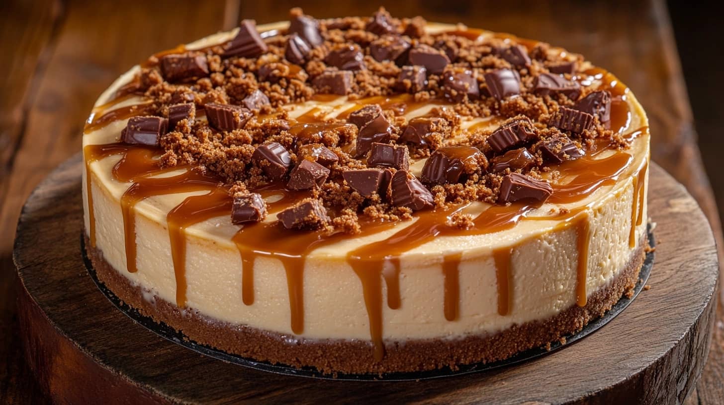 Reese’s Caramel Cheesecake with caramel swirls and chopped Reese’s.