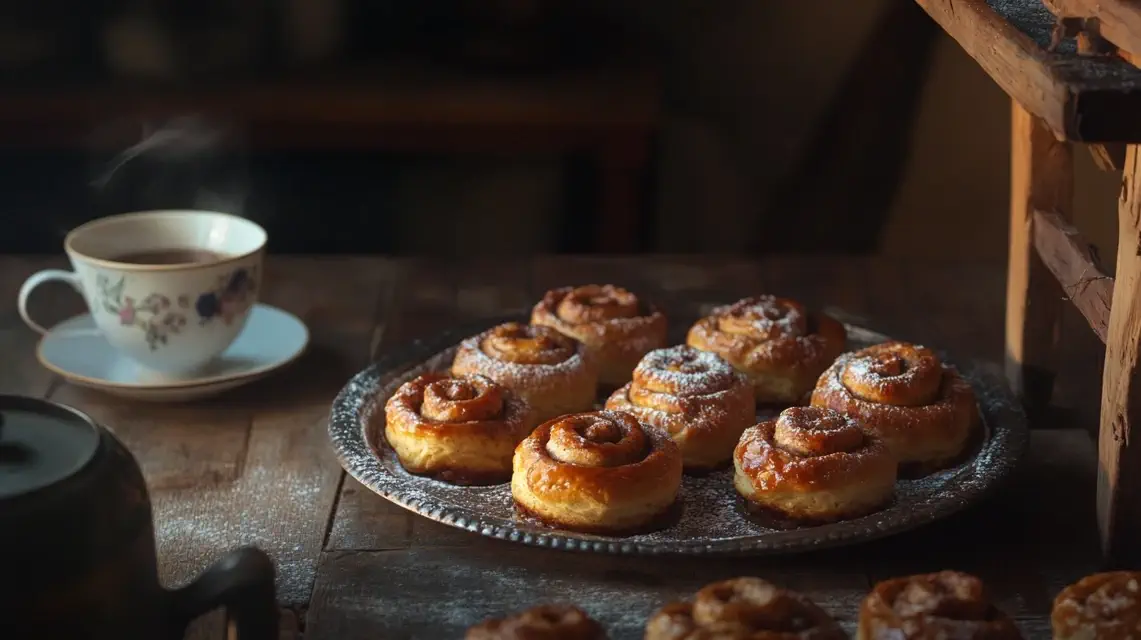 Freshly baked cinnamon rolls with heavy cream caramelized base