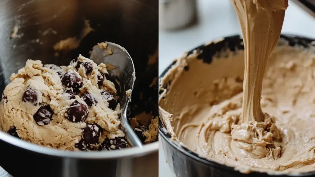 Cookie dough and cake batter shown side by side in mixing bowls.