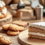 A side-by-side comparison of cookies and cake on a wooden table.