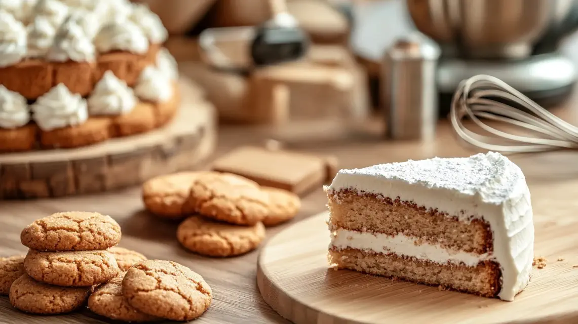 A side-by-side comparison of cookies and cake on a wooden table.