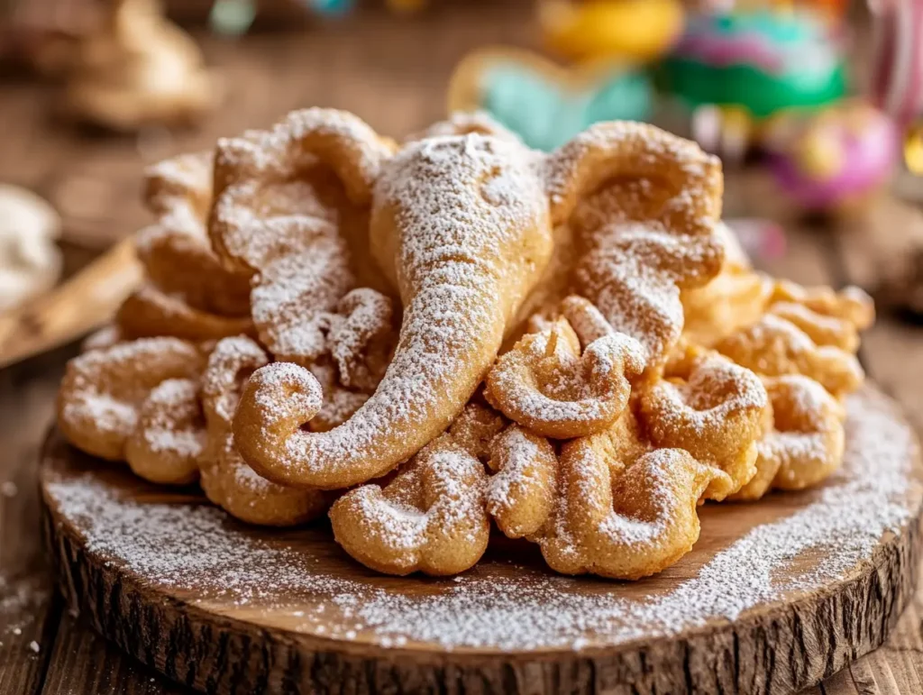 Elephant ears and funnel cake dusted with powdered sugar on a wooden table