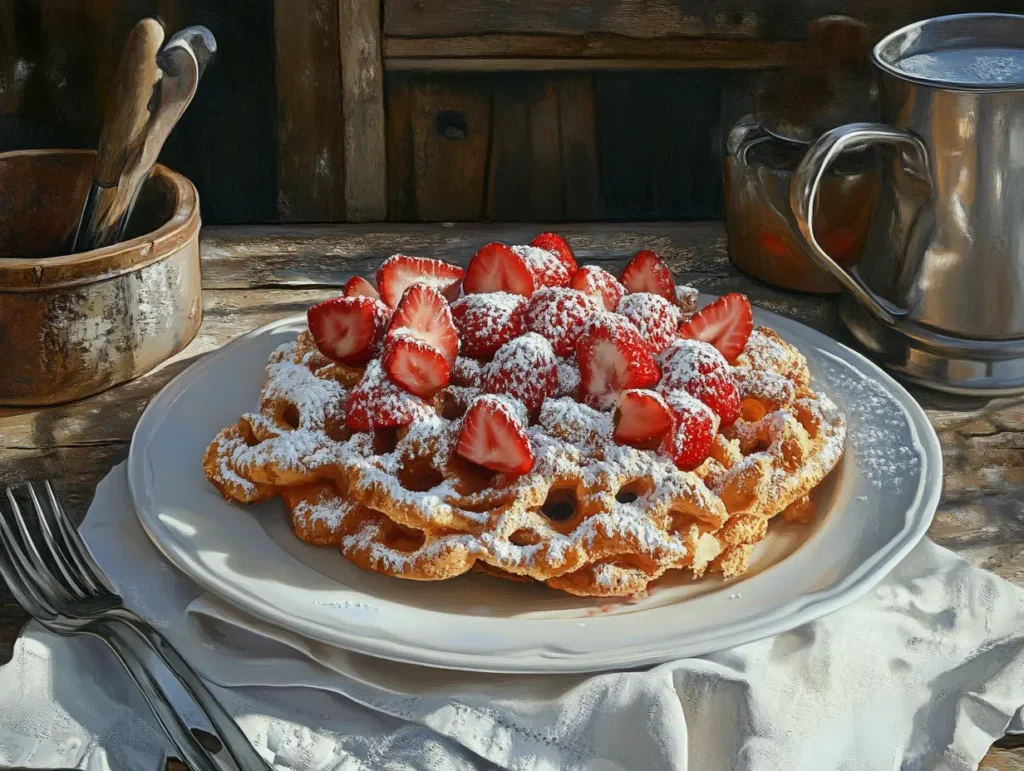 Homemade funnel cake topped with powdered sugar and strawberries
