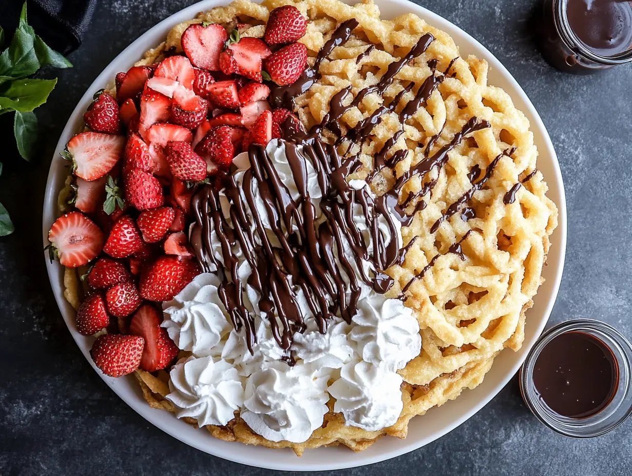 Funnel cakes topped with strawberries, whipped cream, and chocolate drizzle.