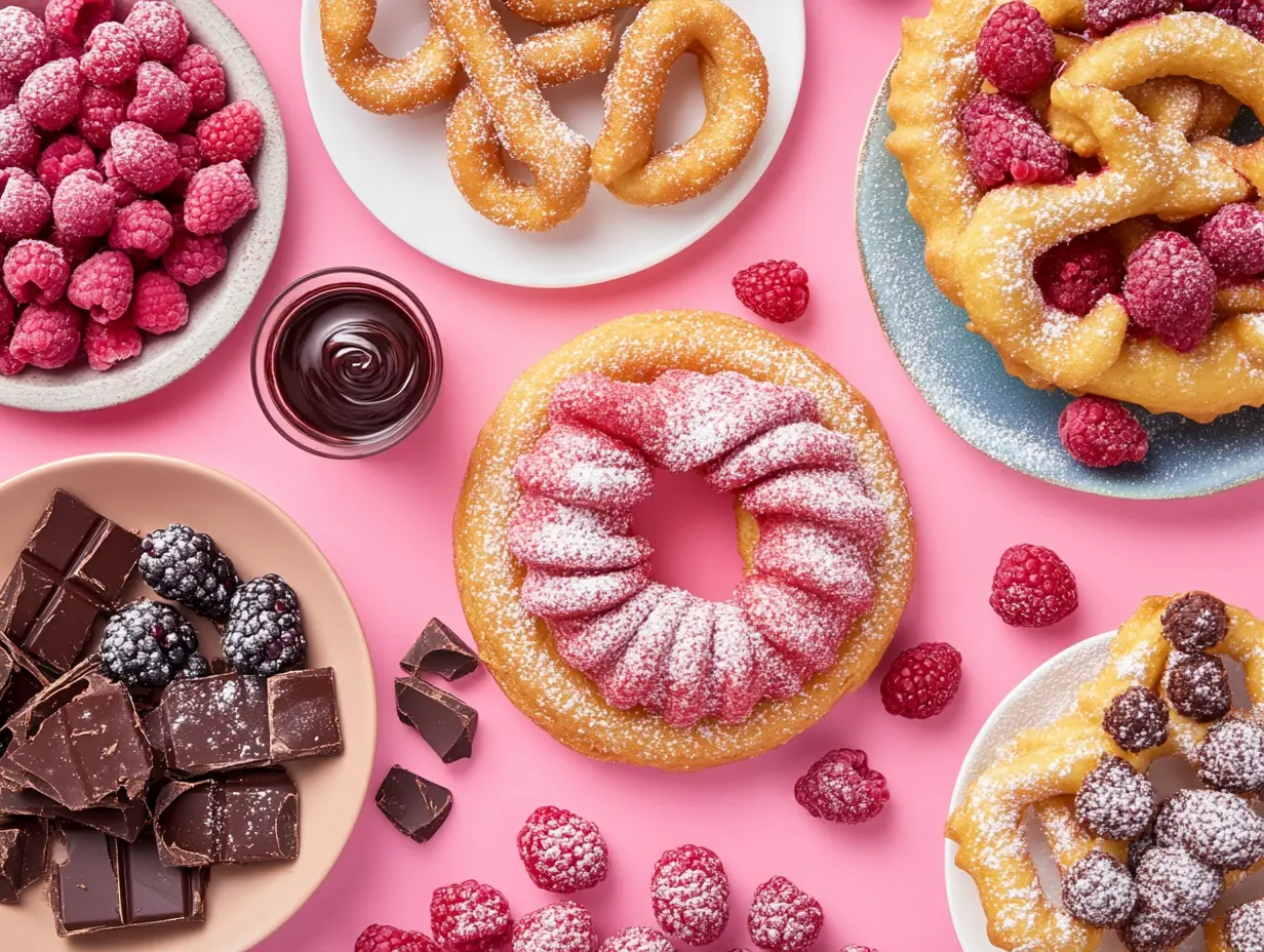 Elephant ears and funnel cake served with chocolate and berries.