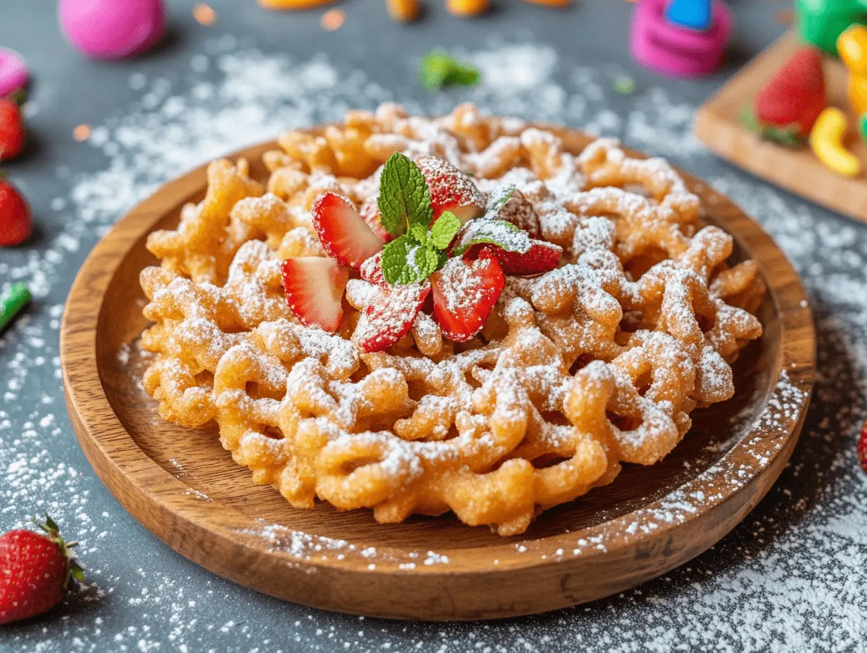 Golden funnel cake dusted with powdered sugar and garnished with strawberries