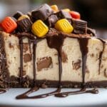 A slice of Reese’s Cheesecake topped with chocolate drizzle and Reese's pieces.