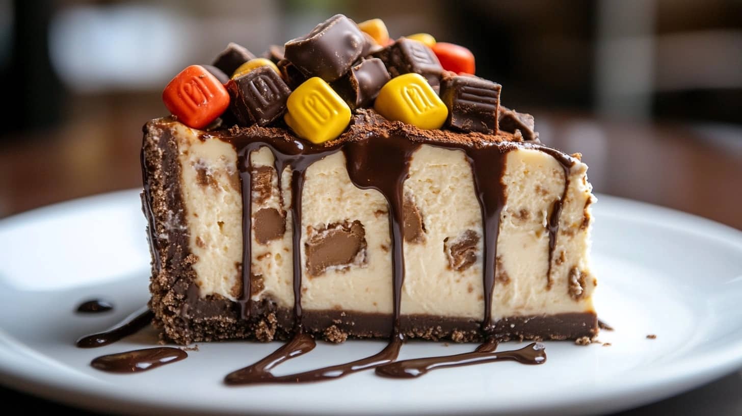 A slice of Reese’s Cheesecake topped with chocolate drizzle and Reese's pieces.