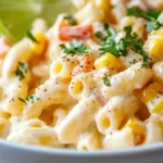 Creamy Elote Pasta Salad with grilled corn, cheese, and lime