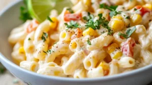 Creamy Elote Pasta Salad with grilled corn, cheese, and lime