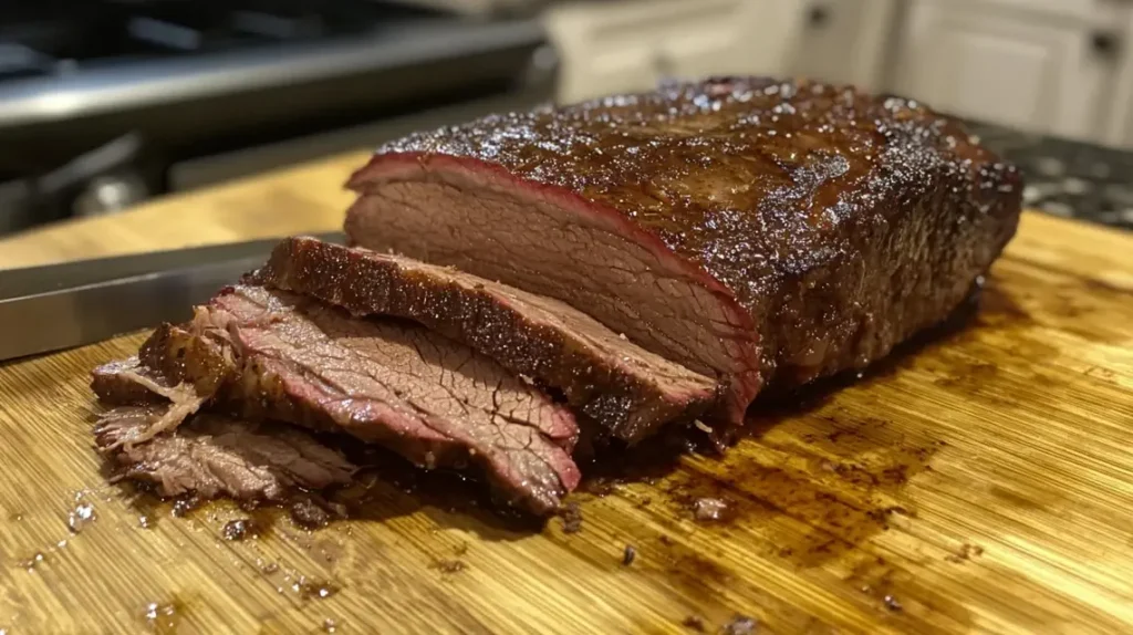 Slicing a perfectly smoked brisket with beef bouillon seasoning