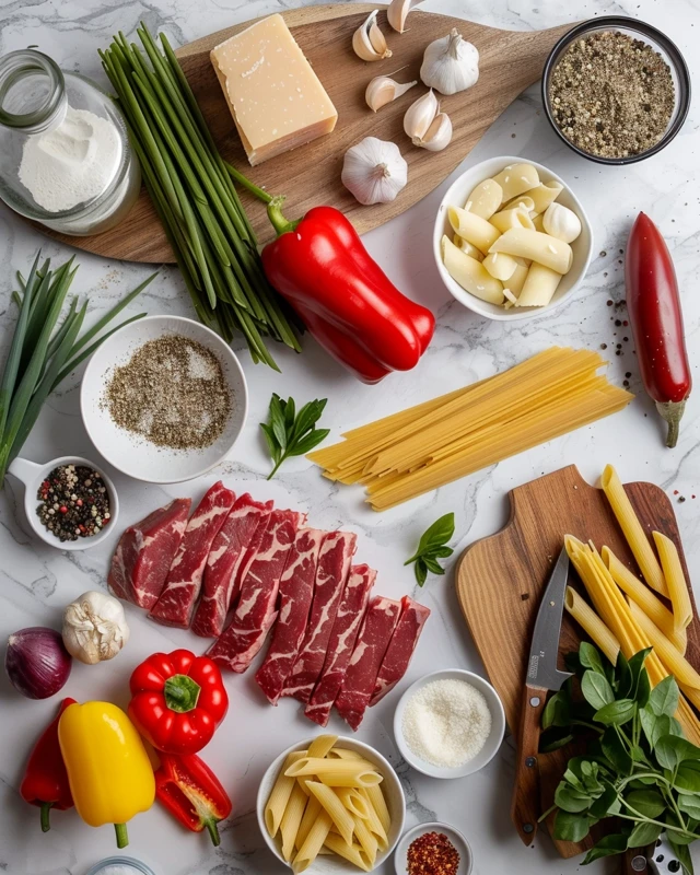 Flat lay of ribeye steak, penne pasta, peppers, onion, garlic, provolone, and other fresh ingredients for Cheesesteak Pasta.