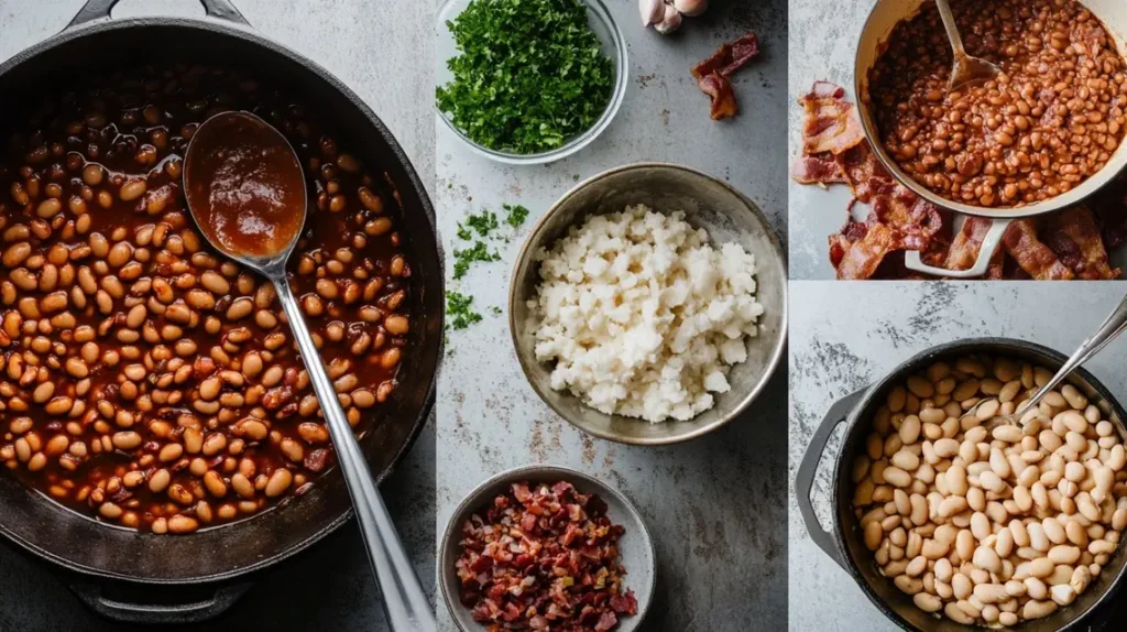 Step-by-step process of making Bush’s Baked Beans, including soaking beans, cooking bacon, and baking.