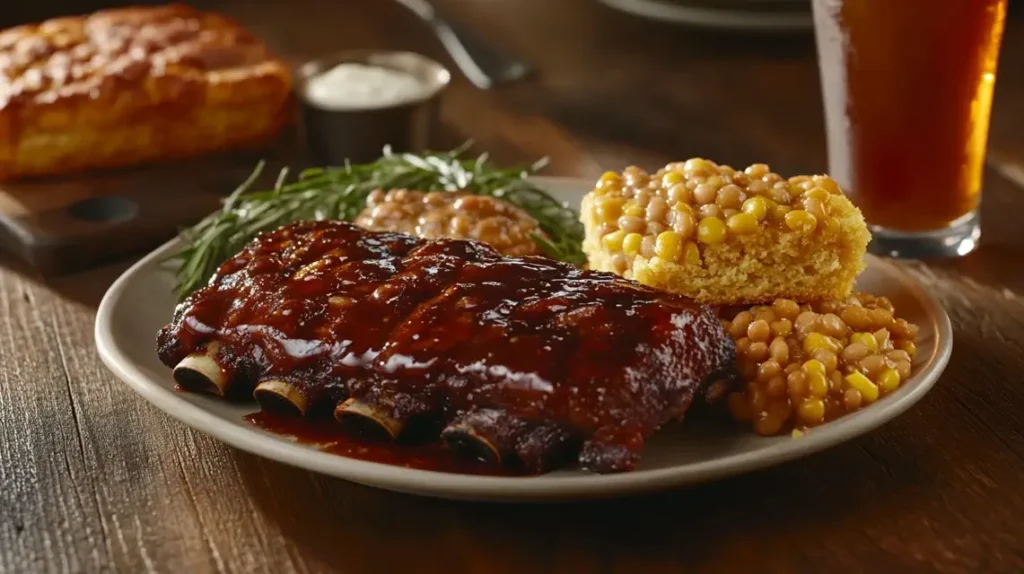 A plate with Bush’s Baked Beans, cornbread, and BBQ ribs, served on a wooden table.