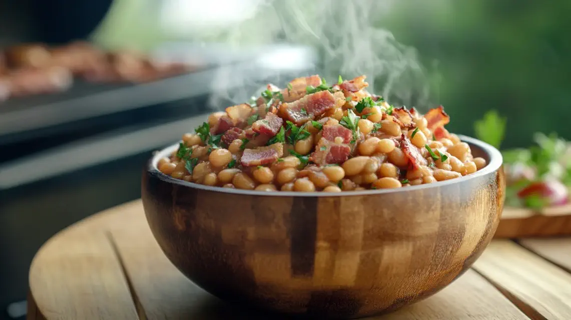 A bowl of smoky, sweet homemade Bush’s Baked Beans garnished with bacon.