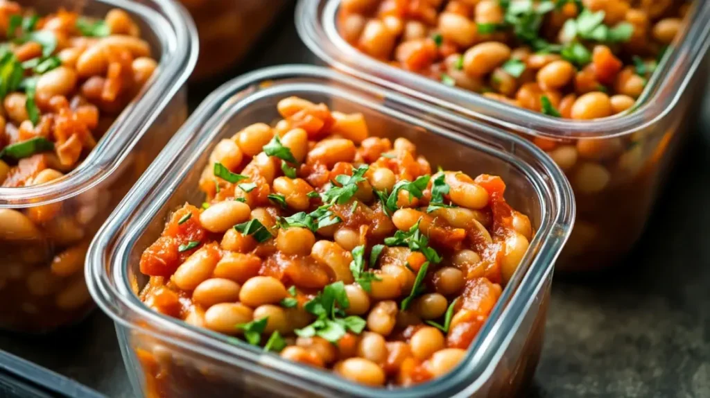 Glass containers filled with homemade Bush Baked Beans Recipe, labeled for storage.